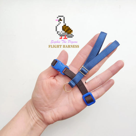 Pigeon Harness "Sophie" - Bird Flight Harness with Soft-brake Leash Extender - Rich Blue and Brown