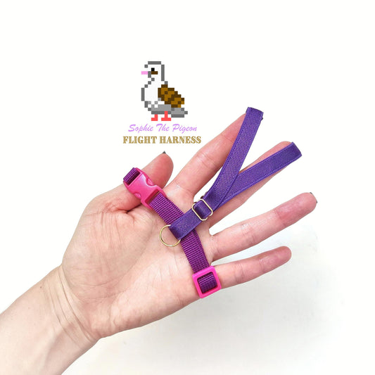 Pigeon Harness "Sophie" - Bird Flight Harness with Soft-brake Leash Extender - Witchy Purple and Pink