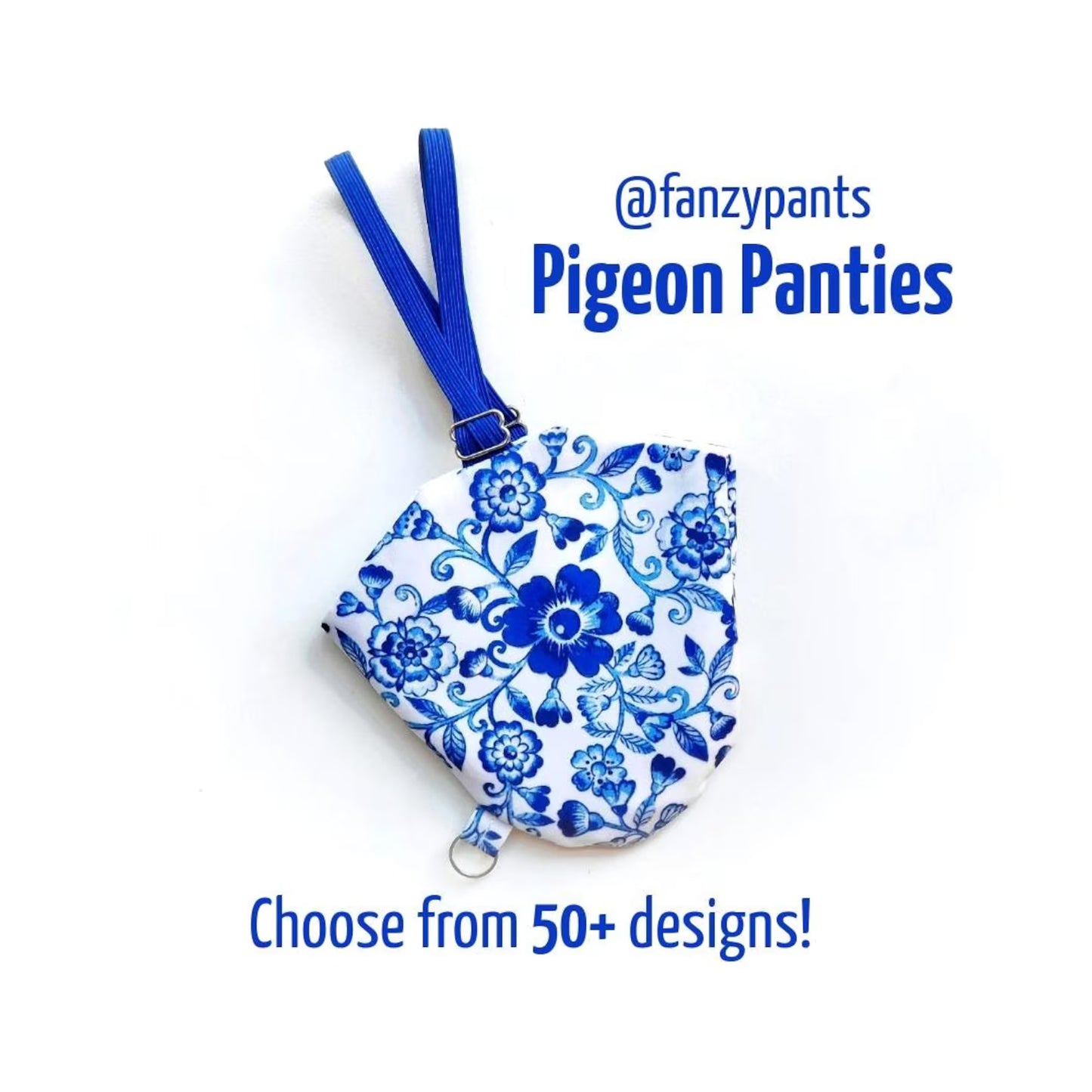 Blue and white floral-patterned pigeon pants or bird diaper with 'fanzypants' branding on a white background