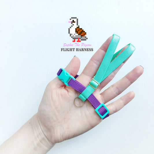 Pigeon Harness "Sophie" - Bird Flight Harness with Soft-brake Leash Extender - Pigeon Purple and Green
