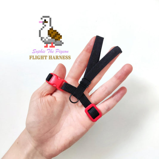 Pigeon Harness "Sophie" - Bird Flight Harness with Soft-brake Leash Extender - Classic Black and Red