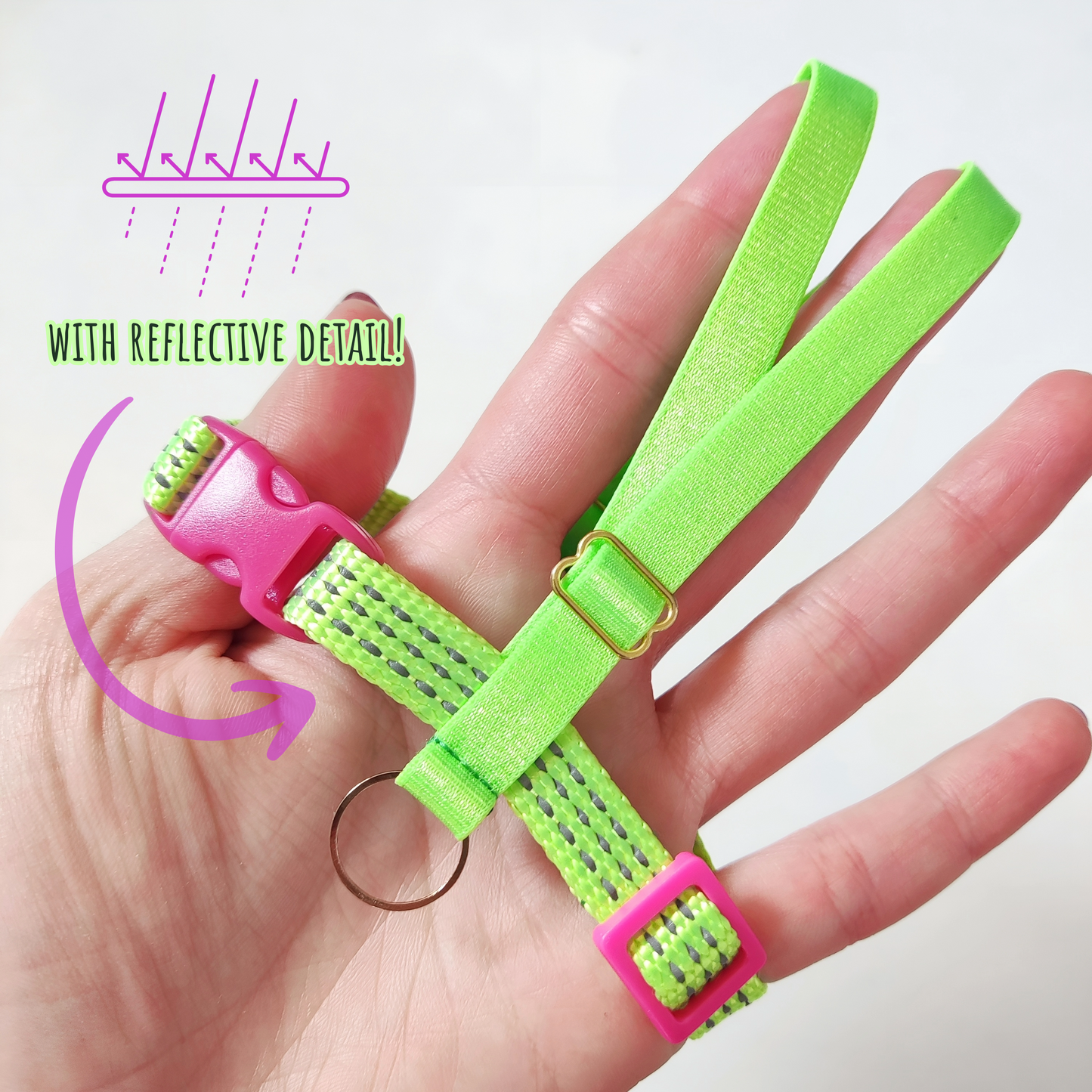 Pigeon Harness "Sophie" - Reflective Bird Flight Harness with Soft-brake Leash Extender - Safety Green