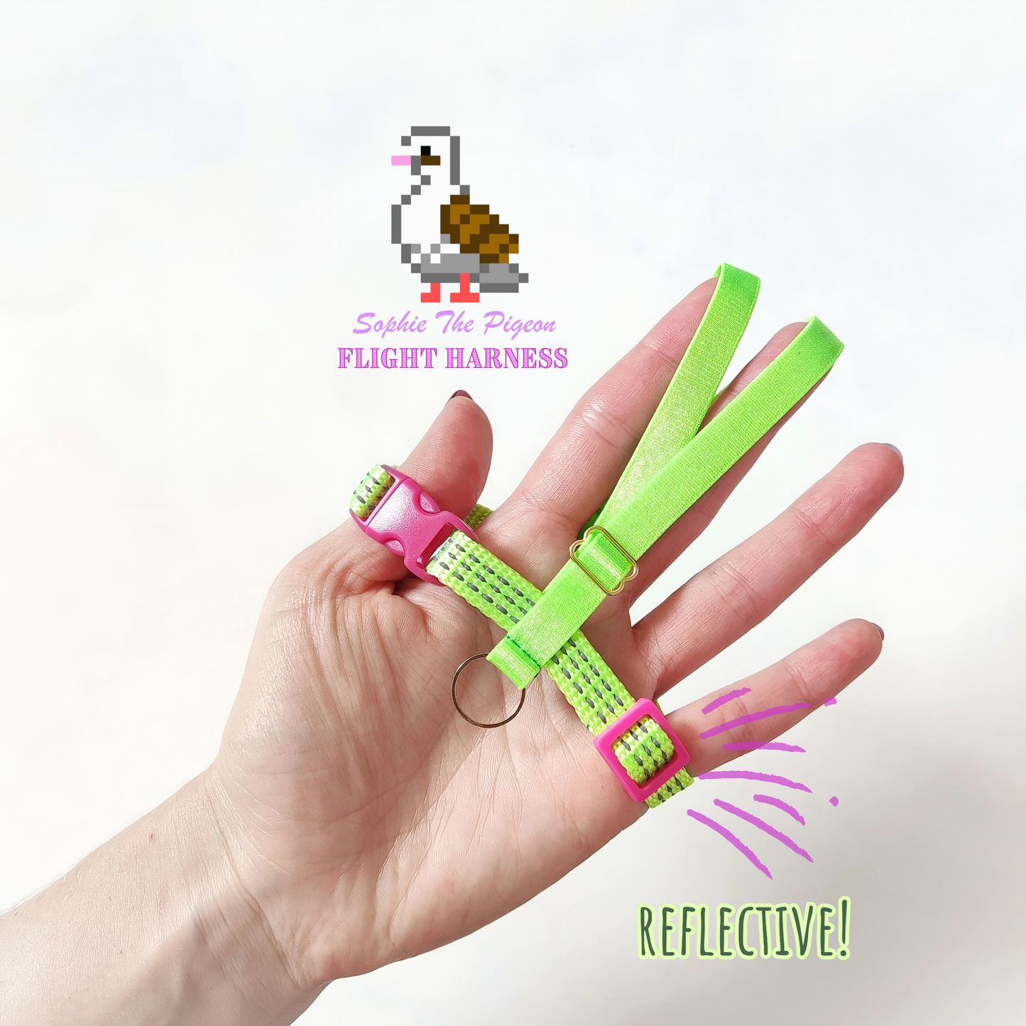 Pigeon Harness "Sophie" - Reflective Bird Flight Harness with Soft-brake Leash Extender - Safety Green