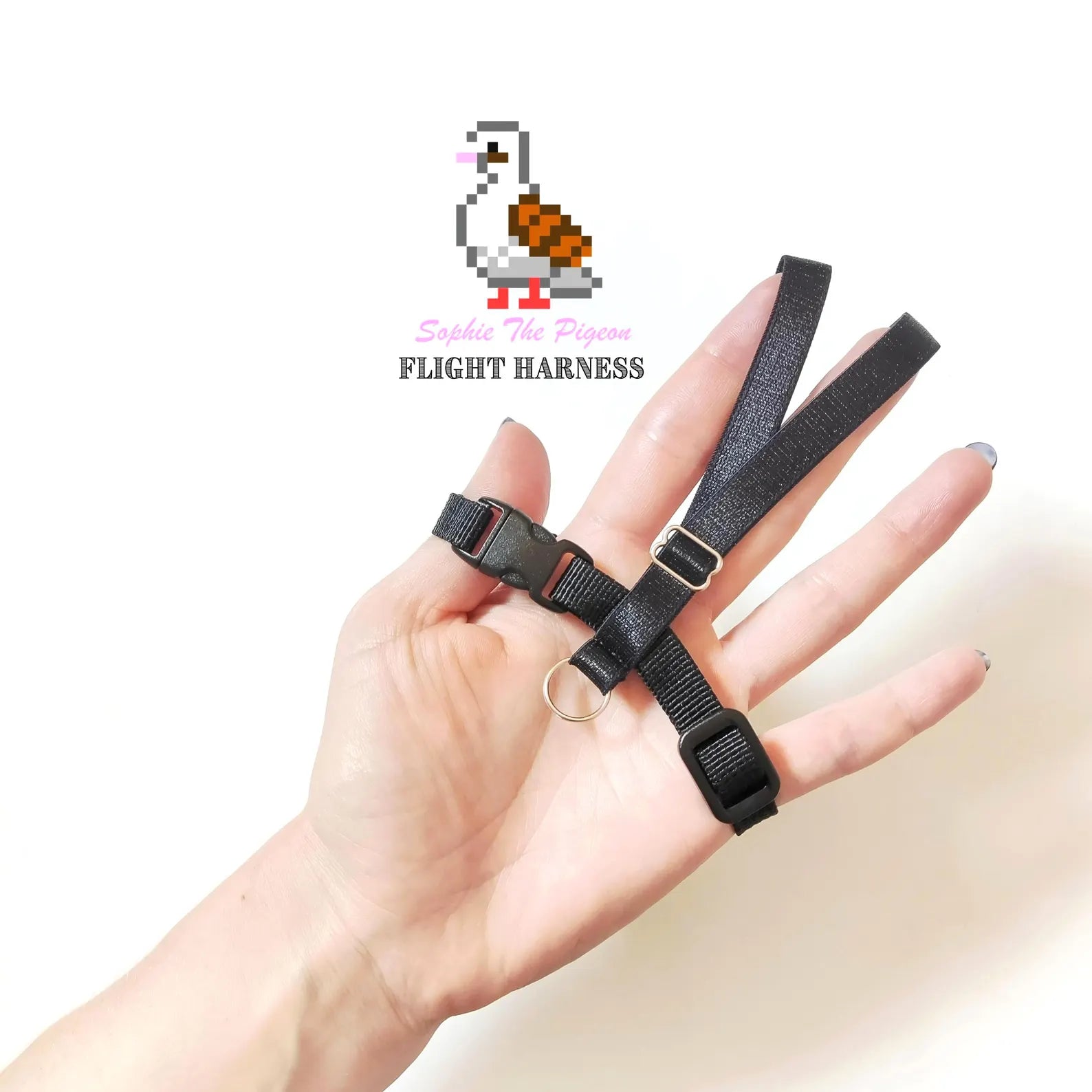 Black flight harness for pigeons on a hand with brand logo in the corner