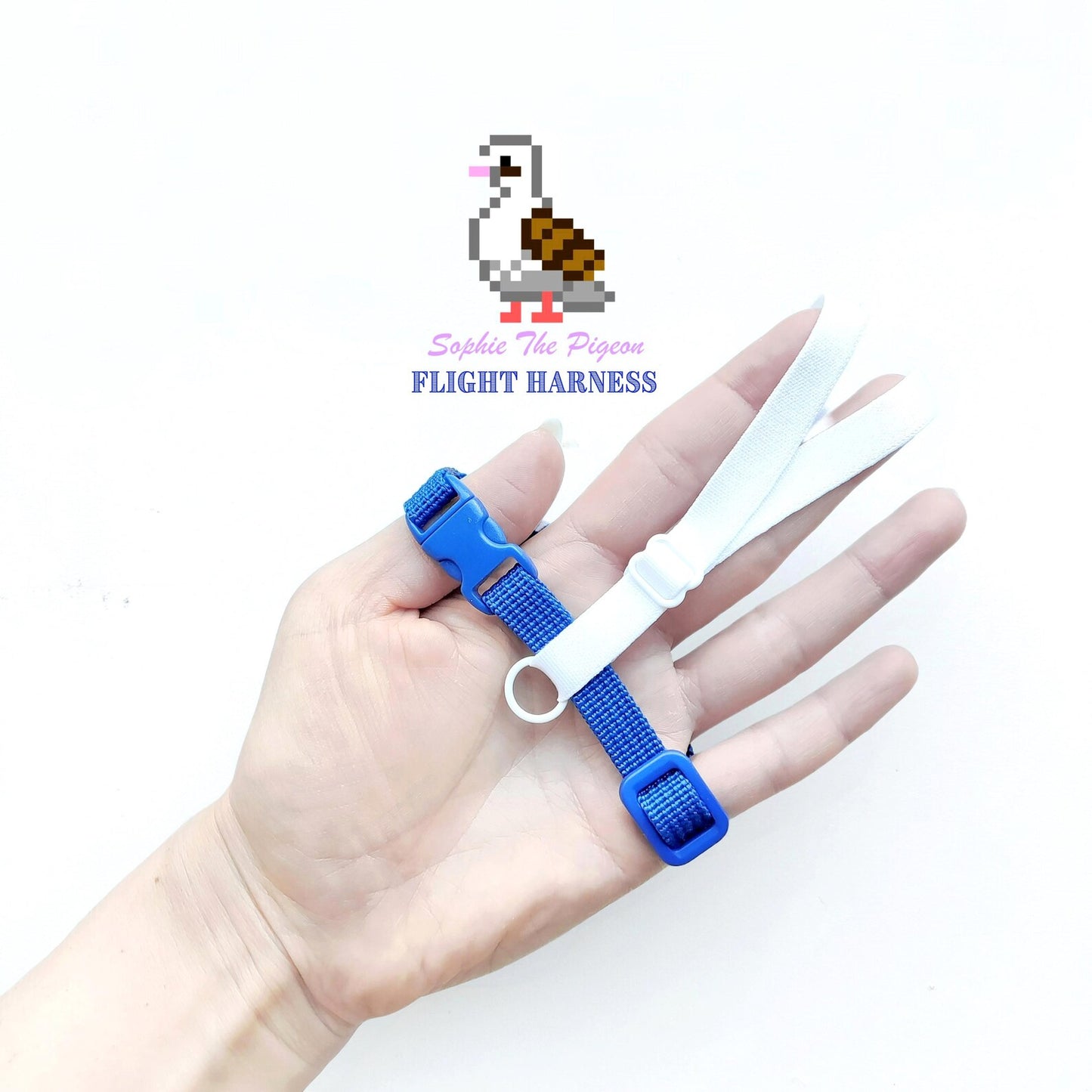 Pigeon Harness "Sophie" - Bird Flight Harness with Soft-brake Leash Extender - Nautical Blue and White