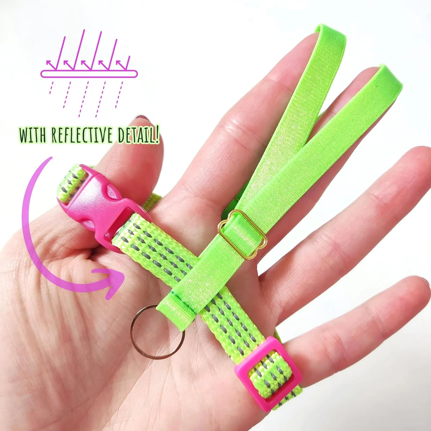 Pigeon Harness "Sophie" - Reflective Bird Flight Harness with Soft-brake Leash Extender - Safety Green