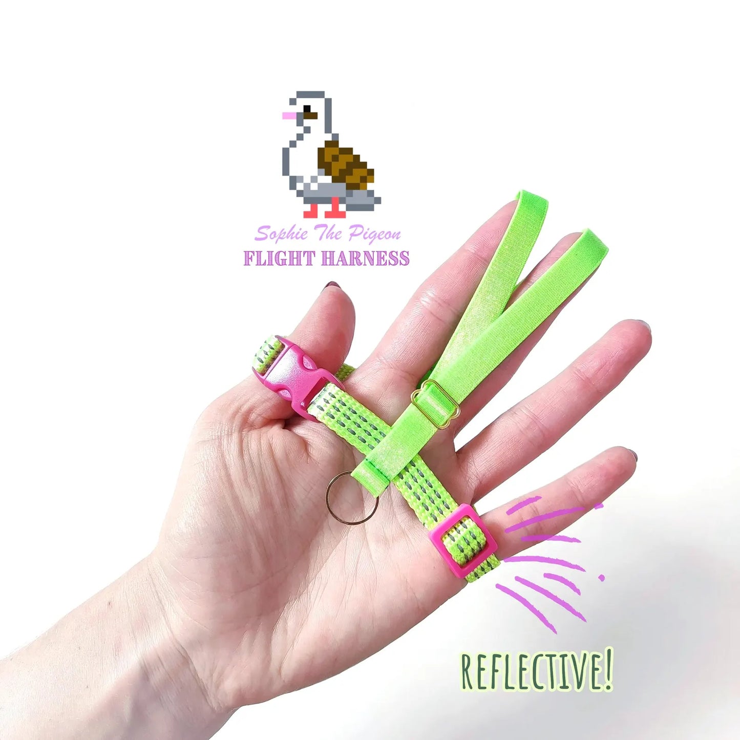 Pigeon Harness "Sophie" - Reflective Bird Flight Harness with Soft-brake Leash Extender - Safety Green