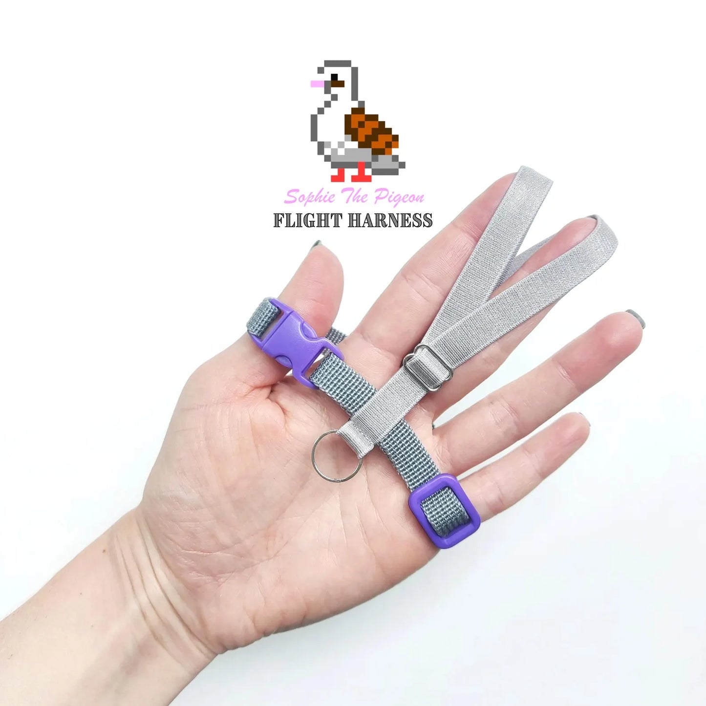 Pigeon Harness "Sophie" - Bird Flight Harness with Soft-brake Leash Extender - Pigeon Grey and Purple