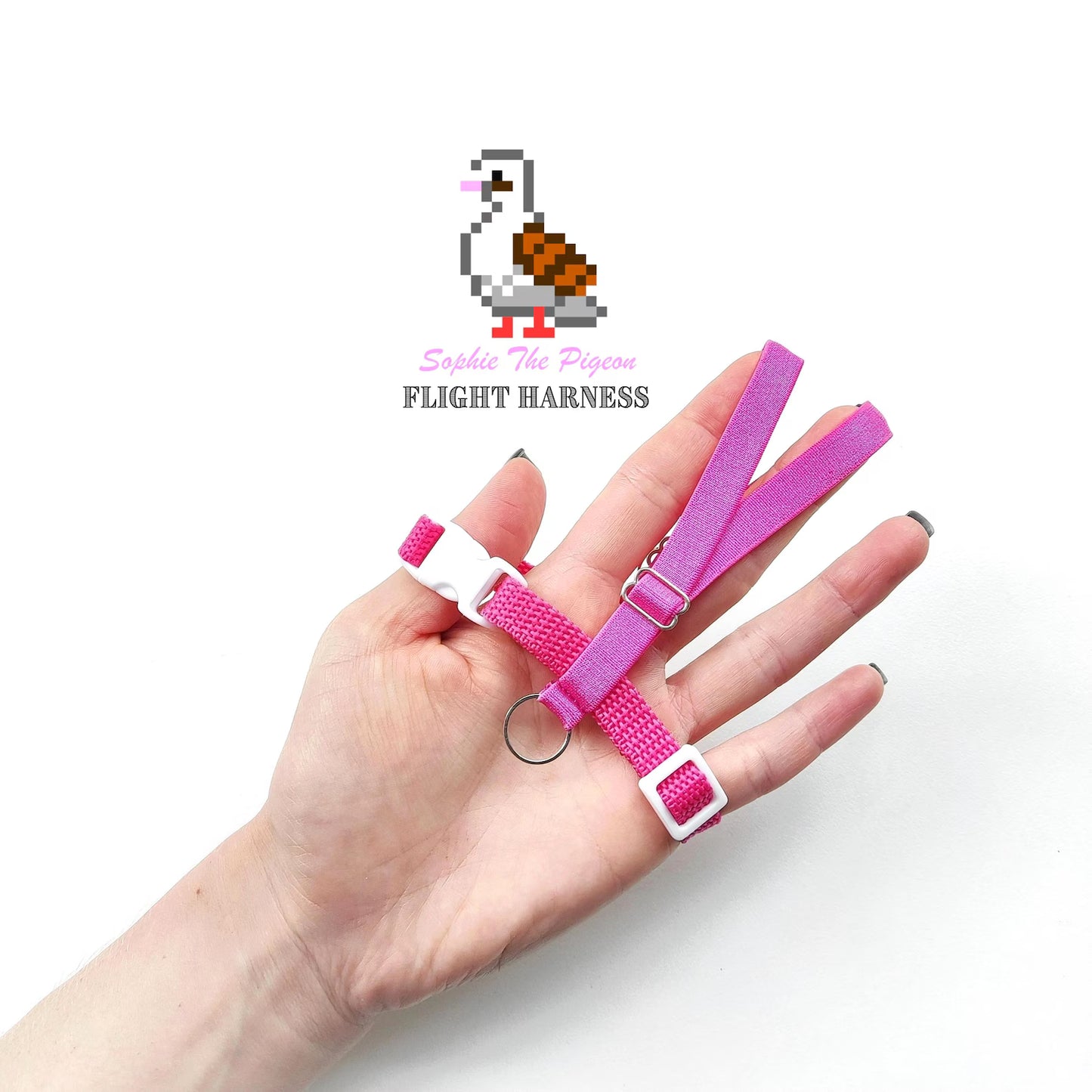 Pigeon Harness "Sophie" - Bird Flight Harness with Soft-brake Leash Extender - Hot Pink and White