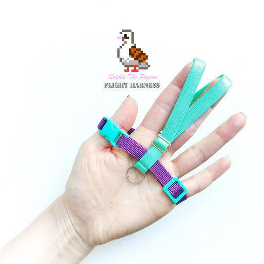 Turquoise and purple bird flight harness for pigeons held by a hand with a brand logo in the corner.