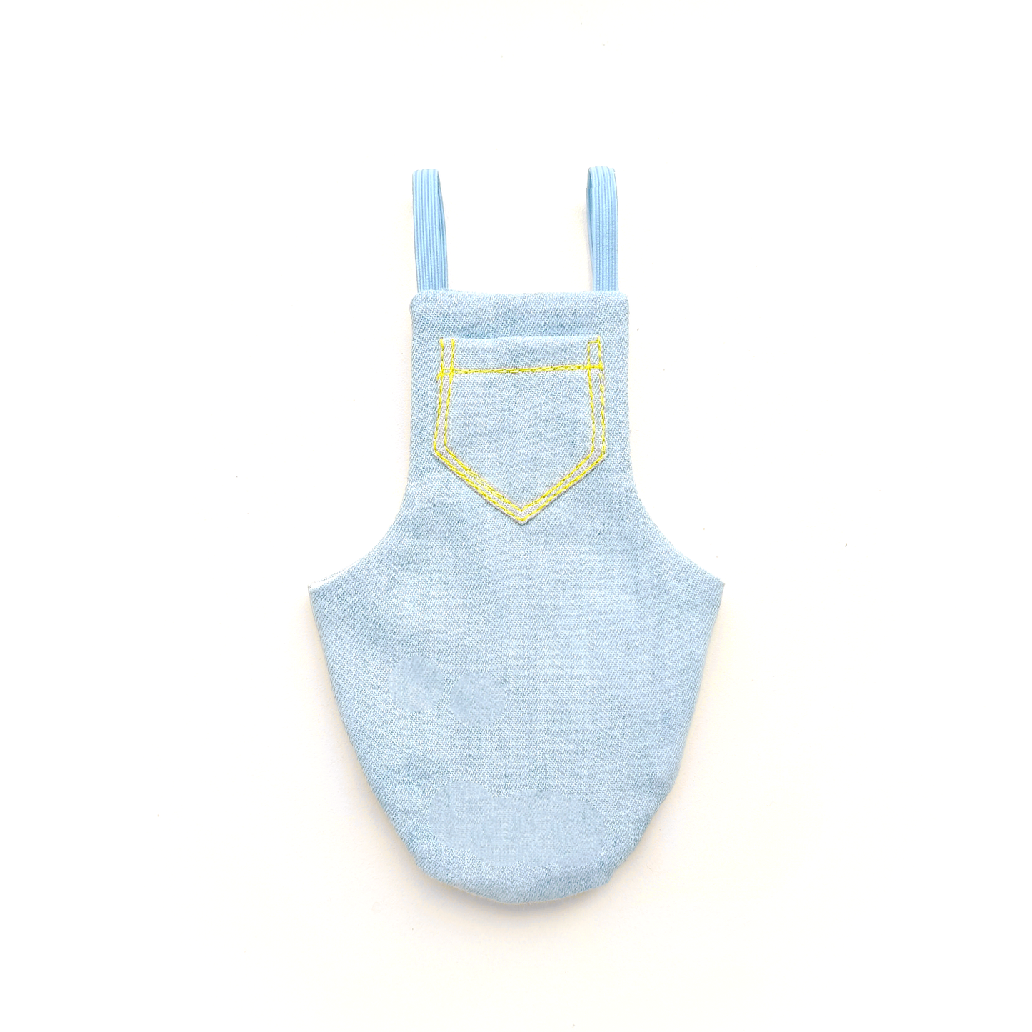 Light blue denime bird diaper or pigeon pants with yellow stitching on a white background