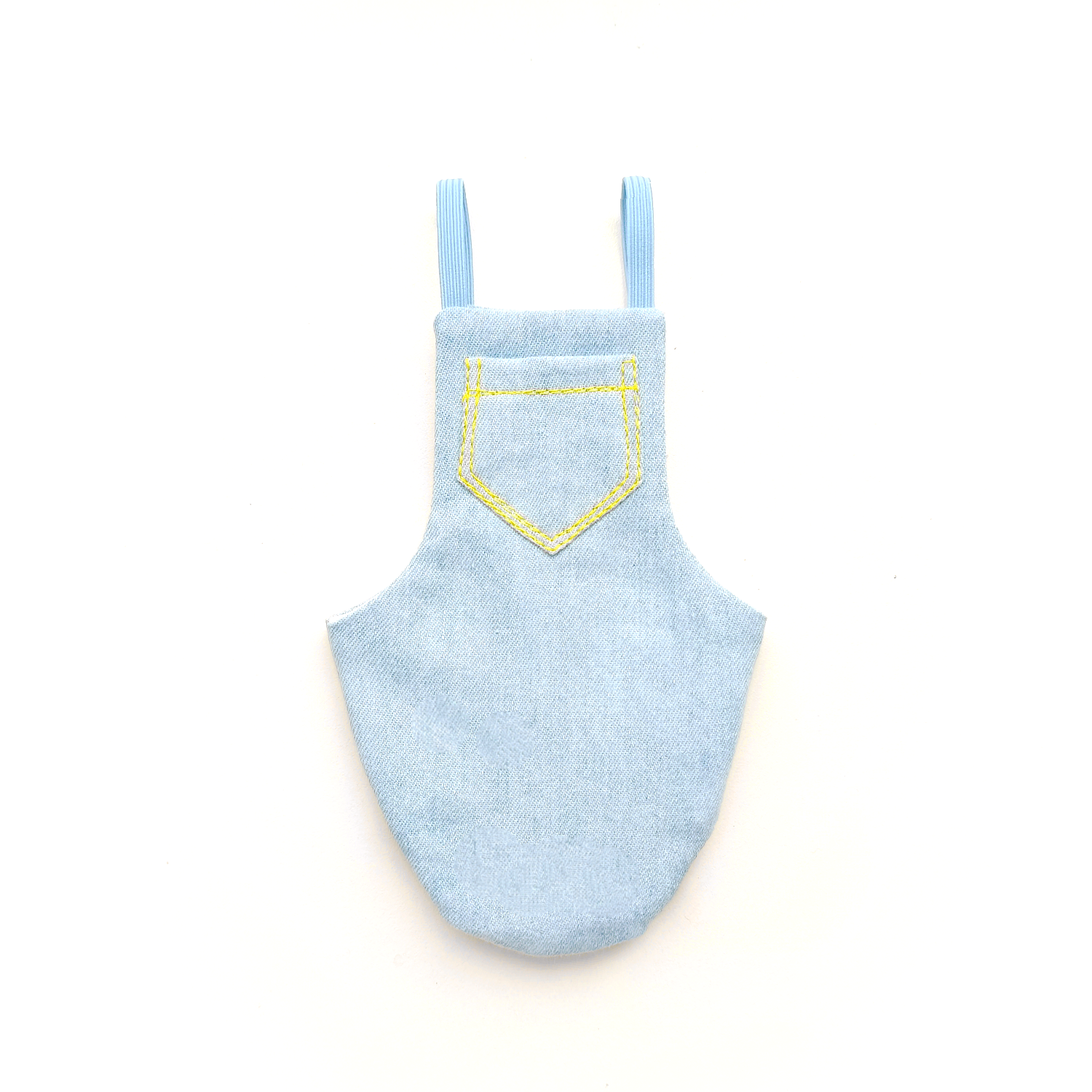 Light blue denime bird diaper or pigeon pants with yellow stitching on a white background
